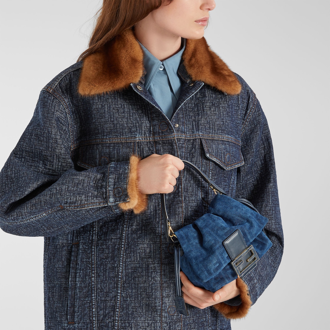 FENDI Mamma Baguette Small Blue FF denim flocked mini-bag - Image 5